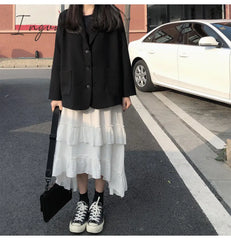 Ingvn - Midi Long Skirts Womens Maxi Skirt Goth Lolita Summer High Waisted Asymmetrical Low Ruched