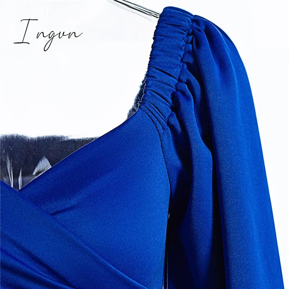 Ingvn - Midi Night Dress Women Long Puff Sleeve A - Line Ruffled Backless Bodycon Sexy Autumn