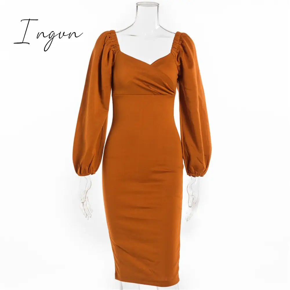 Ingvn - Midi Night Dress Women Long Puff Sleeve A - Line Ruffled Backless Bodycon Sexy Autumn