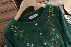 Ingvn - Mori Girl Vintage Corduroy Women Shirt Dress Floral Embroidery Elegant Autumn Winter