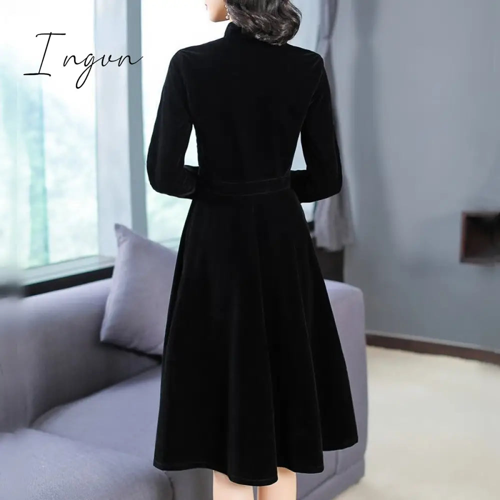 Ingvn - New Autumn And Winter Women European American Hepburn Style Dress Black Thin Retro Velvet