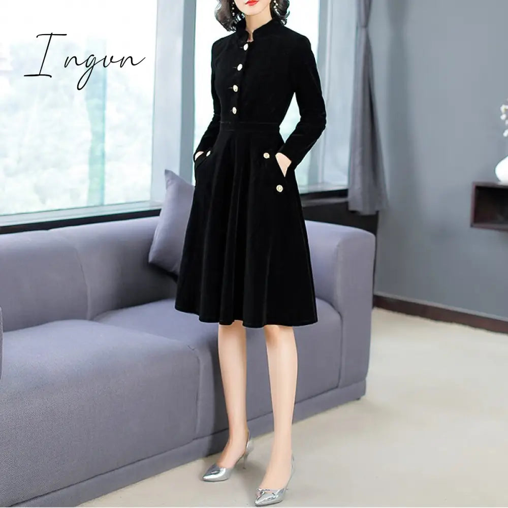 Ingvn - New Autumn And Winter Women European American Hepburn Style Dress Black Thin Retro Velvet