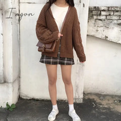 Ingvn - New Autumn Knit Sweater Women Fashion Harajuku Loose Warm Cardigan College Casual Long