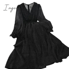 Ingvn - New Autumn V Neck Polka Dot Slim Chiffon Dress Button Puff Sleeve High Waist Elegant Women