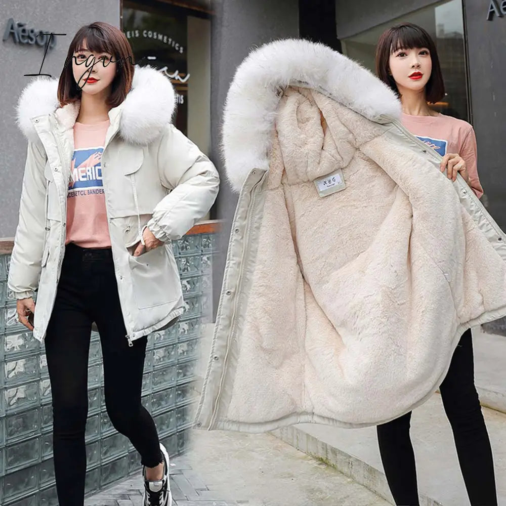 Ingvn - New Cotton Thicken Warm Winter Jacket Coat Women Casual Parka Clothes Fur Lining Hooded