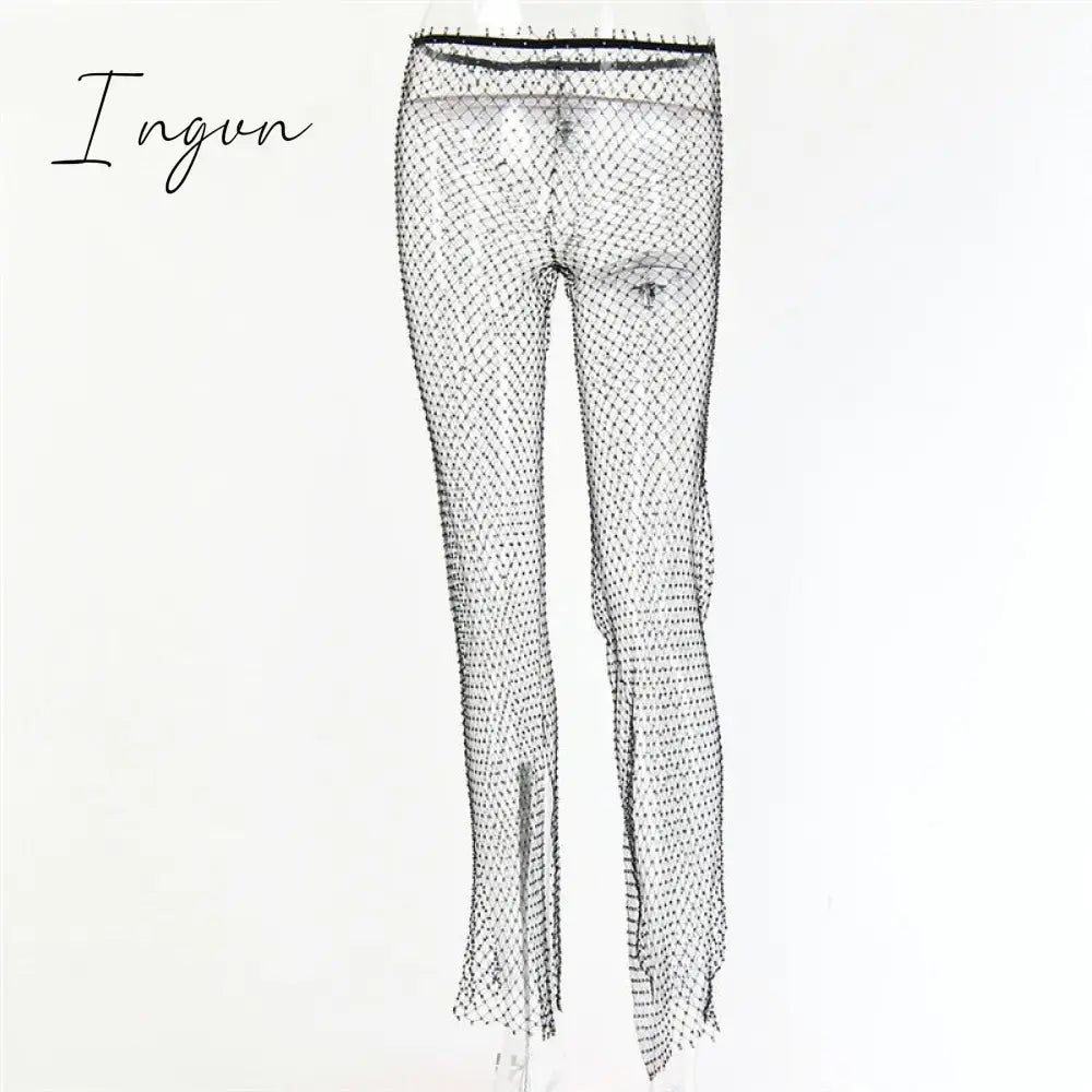 Ingvn - New Crystal Diamond Shiny Women Pants Summer Sexy Hollow Out Elastic Fishnet Trousers