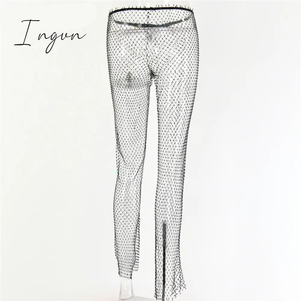 Ingvn - New Crystal Diamond Shiny Women Pants Summer Sexy Hollow Out Elastic Fishnet Trousers
