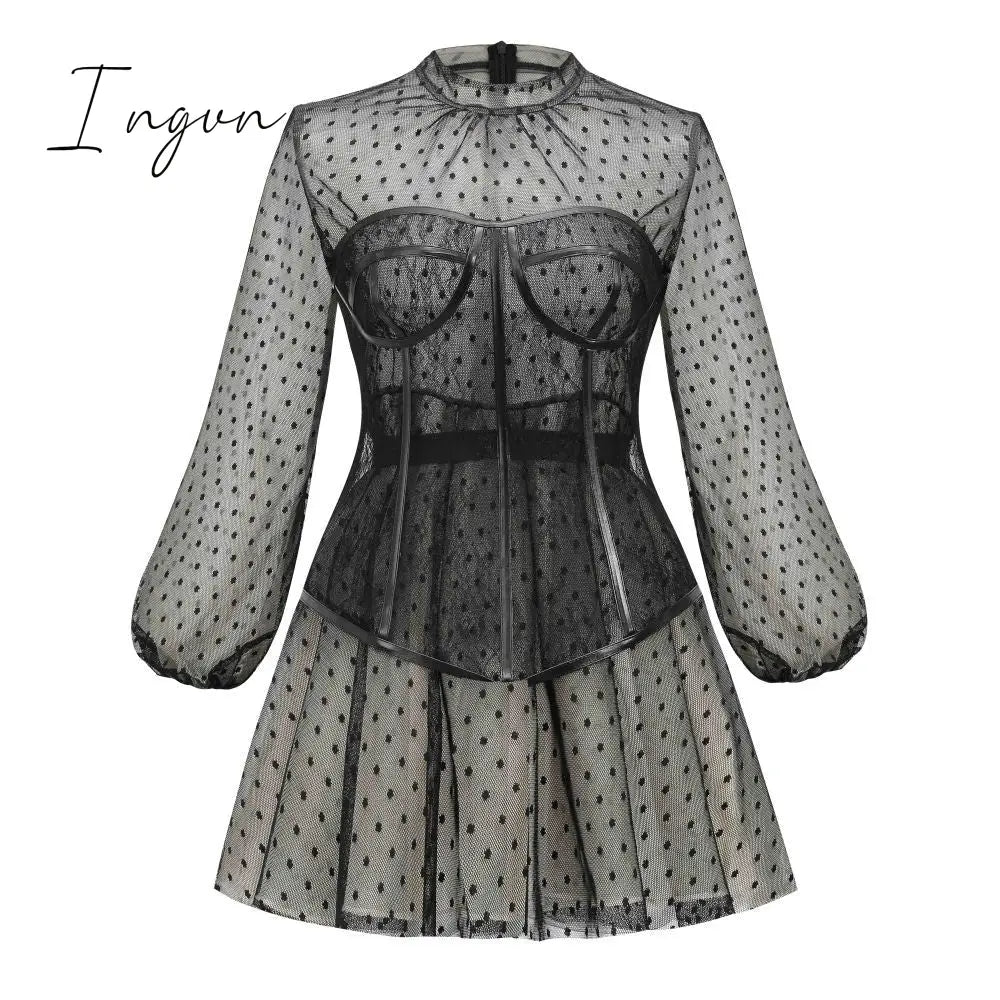 Ingvn - New Design 2Pcs Summer Dress For Women Black Sexy Corset Vintage Slim Mesh Outfit Clubwear