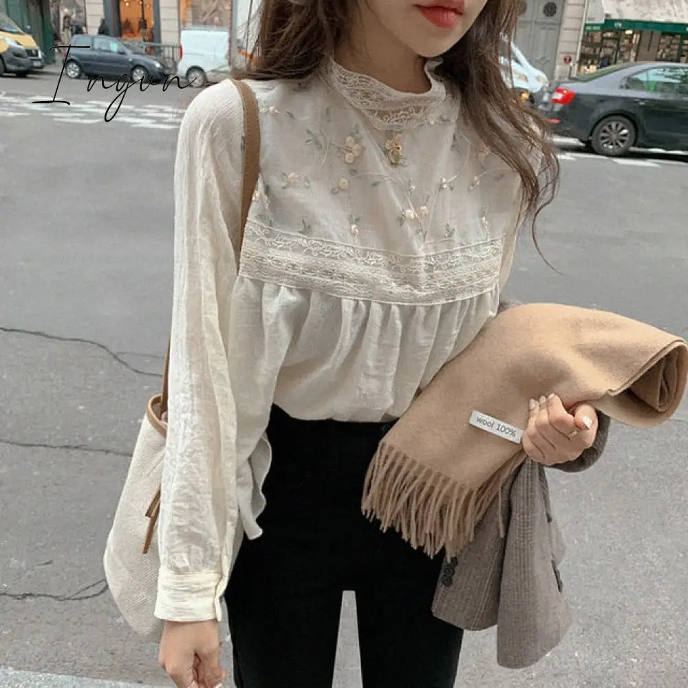 Ingvn - New Elegant Lace Stand Collar Blouse Shirt Sexy Hollow Out Floral Embroidery Feminine