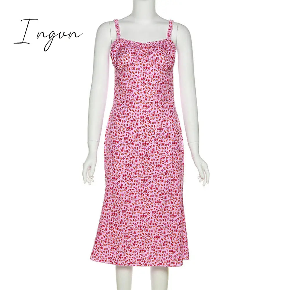 Ingvn - New Fashion Summer Casual Beach Pink Floral Print Dress Bodycon Long Strap Ruched Women