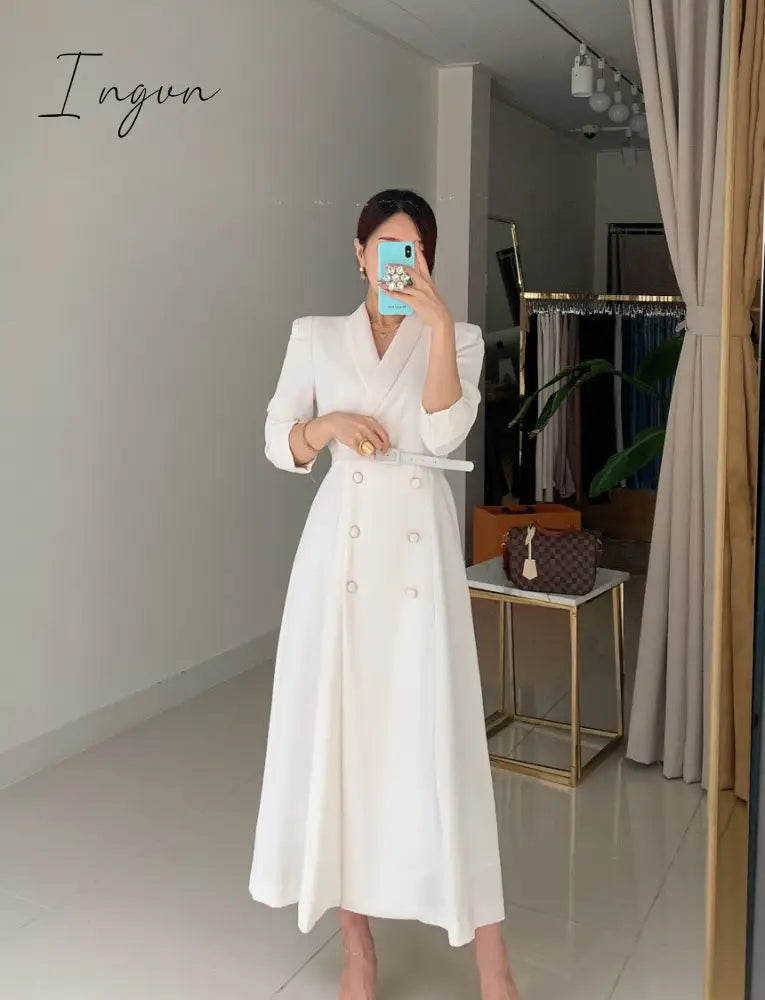 Ingvn - New French Spring Elegant Double Breasted Belted Sashes Women Suit Dress Autumn Office Long
