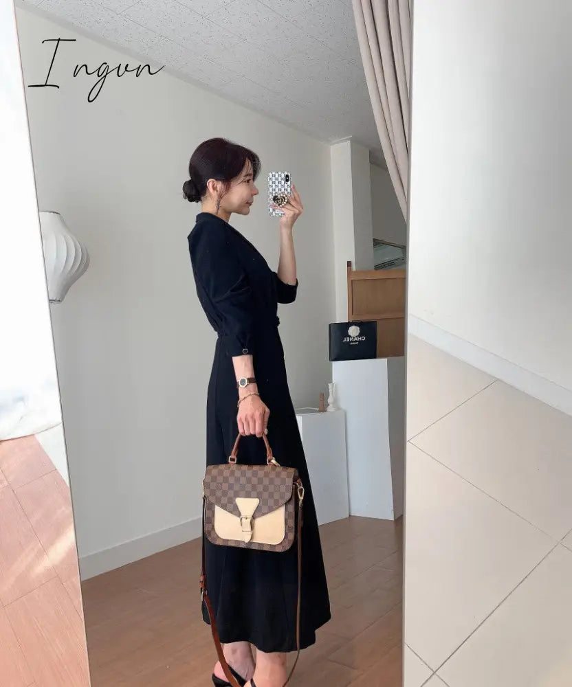 Ingvn - New French Spring Elegant Double Breasted Belted Sashes Women Suit Dress Autumn Office Long