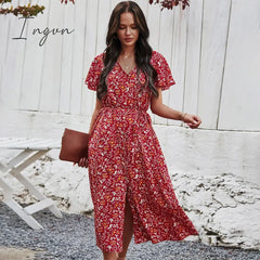 Ingvn - New Ladies Vintage Maxi Floral Print Summer Dress Women Slim Casual High Waist Button