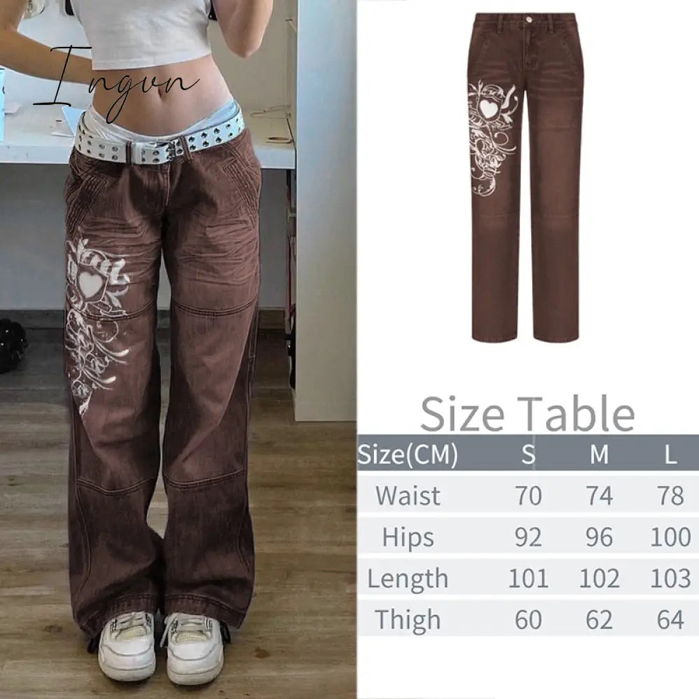 Ingvn - New Printed Baggy Y2K Jeans Women’s Low Waist Jeans Autumn Winter Oversize Wide Leg Pants