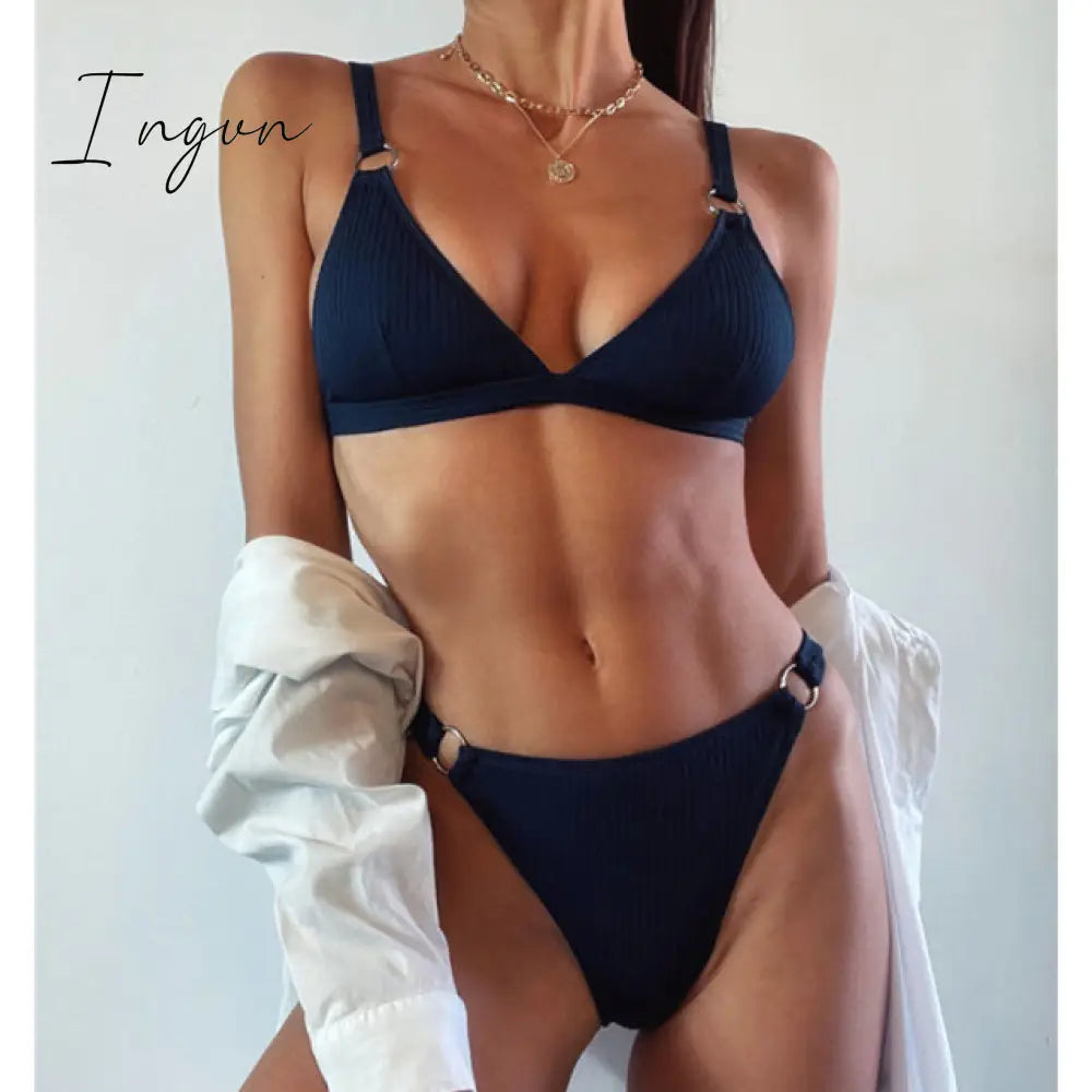 Ingvn - New Sexy Ribbed Ring Bikinis Swimsuit Women Push Up Swimwear Solid Bikini Set Summer Beach