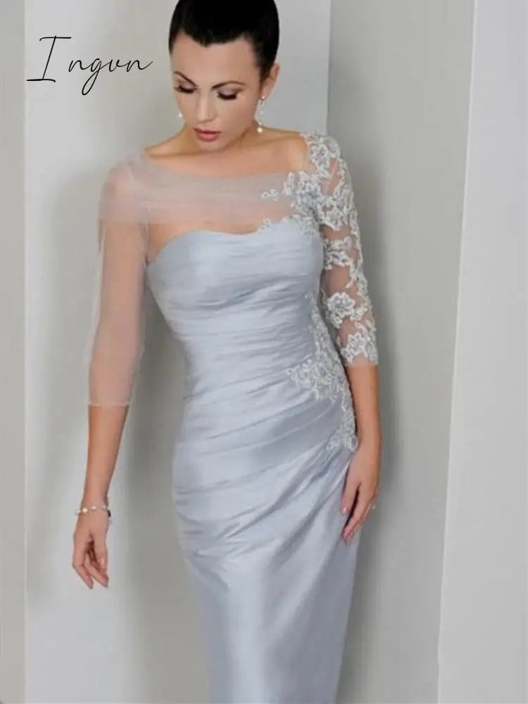 Ingvn - New Silver Grey Mother Of The Bride Dress 3/4 Long Sleeve Lace Tulle Satin Pleated Wedding