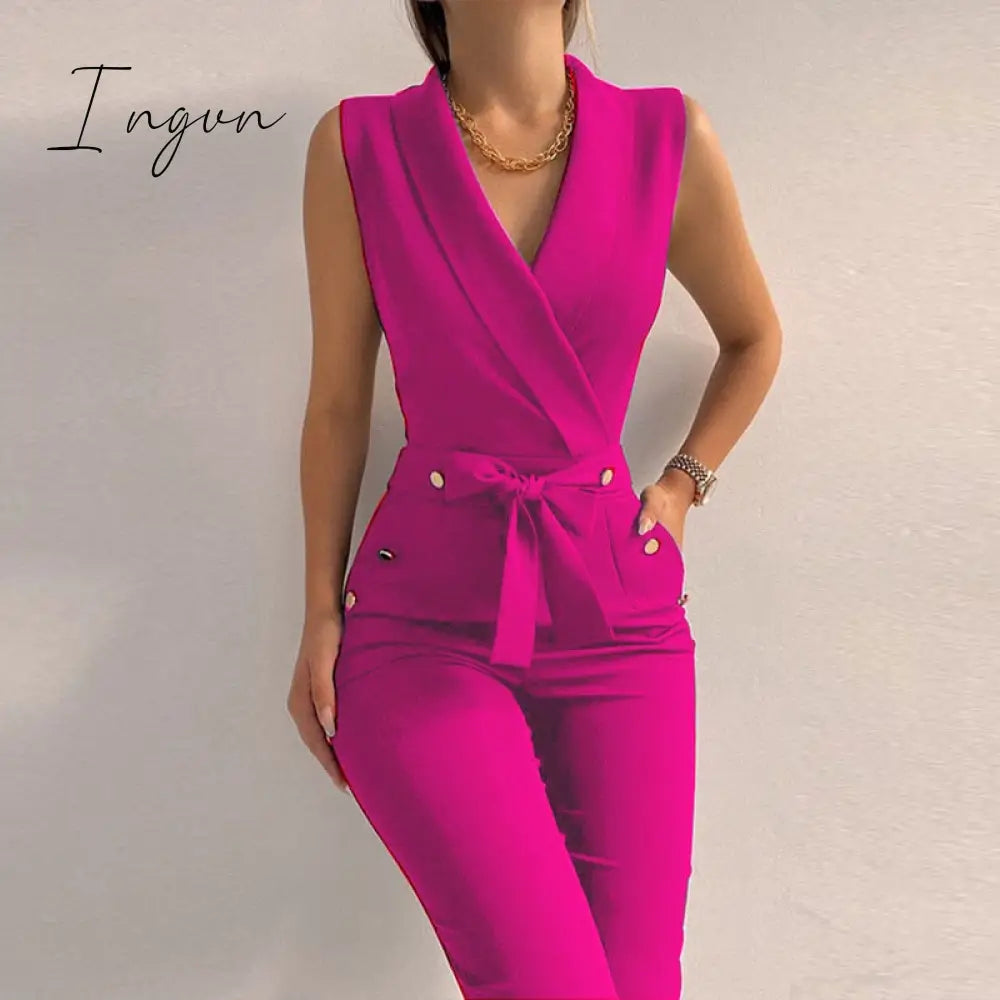 Ingvn - New Solid Casual Women Summer Jumpsuits V-Neck Lace-Up Sleeveless Wide Leg Pants Button