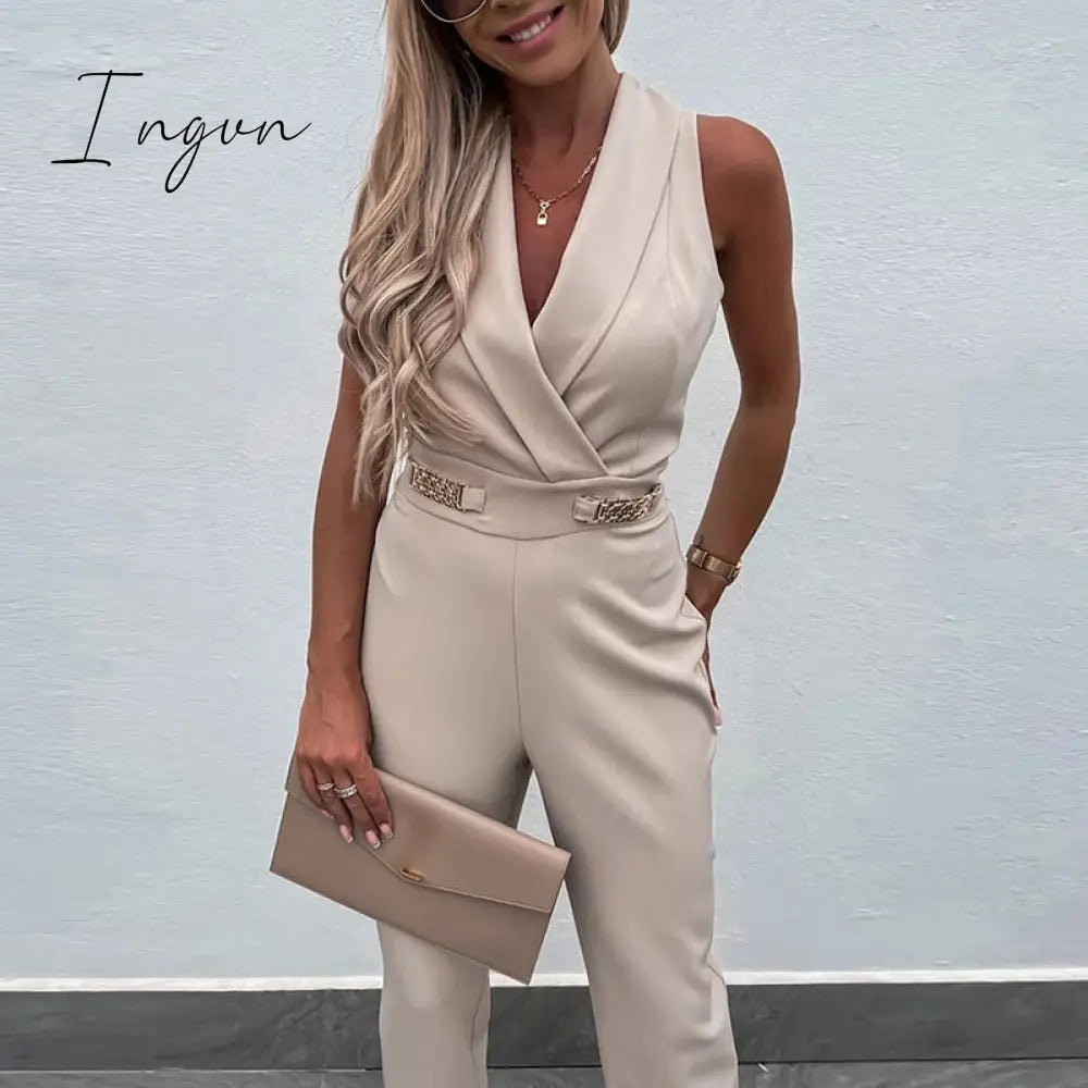 Ingvn - New Solid Casual Women Summer Jumpsuits V-Neck Lace-Up Sleeveless Wide Leg Pants Button