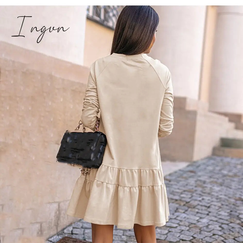 Ingvn - New Spring Autumn Dress Women Elegant O - Neck Long Sleeves Multi - Layer Ruffles Hem Solid