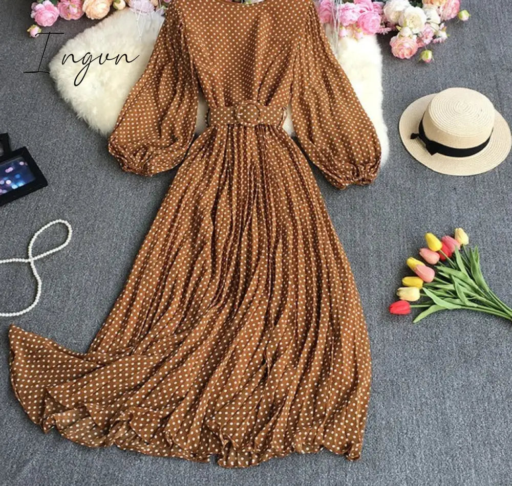 Ingvn - New Spring Autumn French O - Neck Long Sleeve Dress Polka Dot Printing High Waist Lace Up