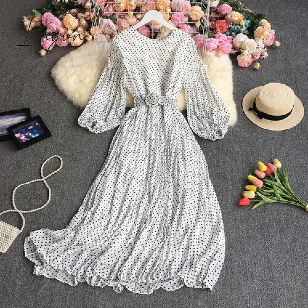 Ingvn - New Spring Autumn French O - Neck Long Sleeve Dress Polka Dot Printing High Waist Lace Up