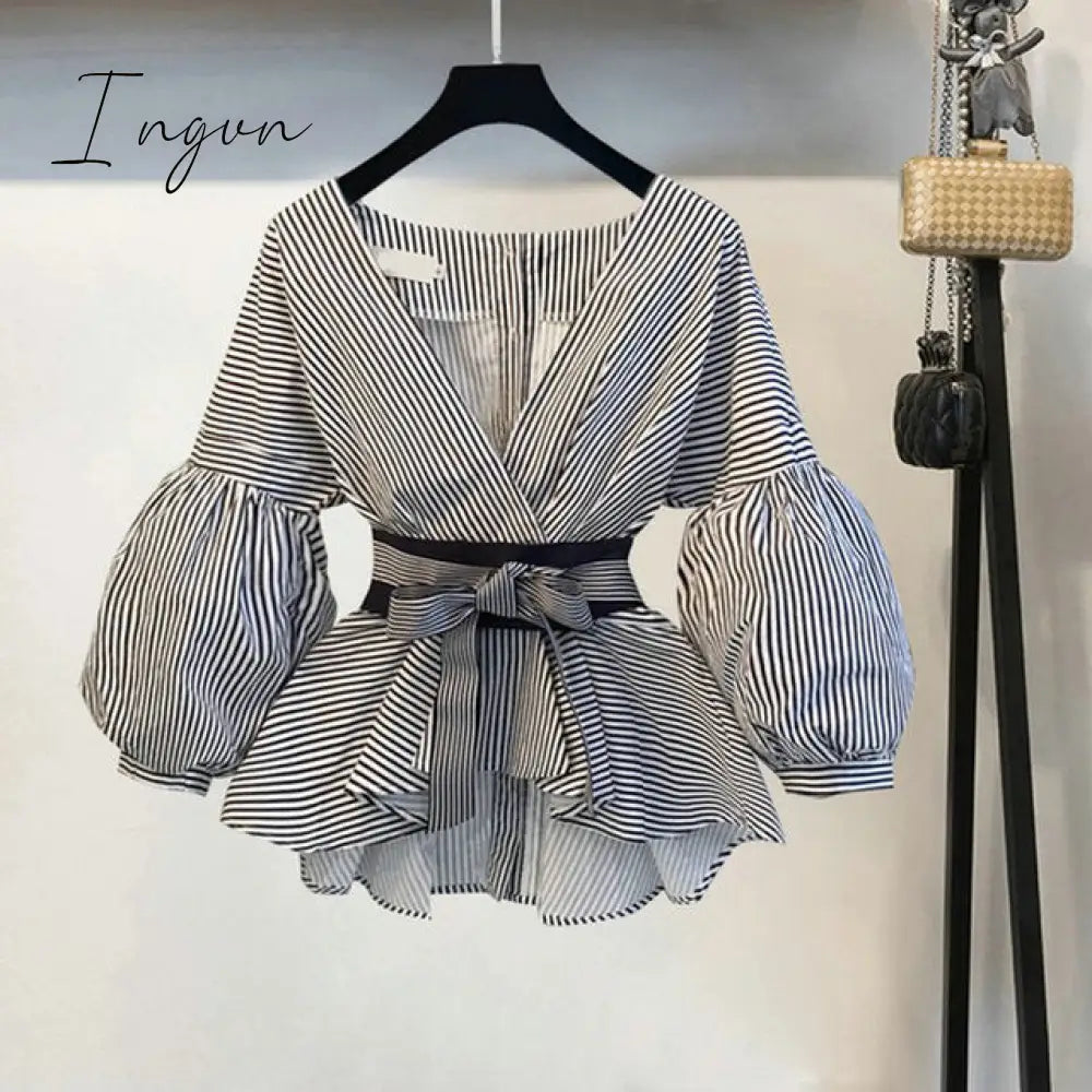Ingvn - New Spring Summer 2 Pcs Suits Women’s Striped Bow Lantern Sleeve Blouse + Black Split