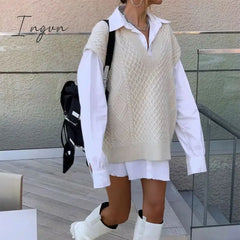 Ingvn - New Spring Winter Women Cable - Knit Sweater Vest Oversized V - Neck Woman Sweaters Casual
