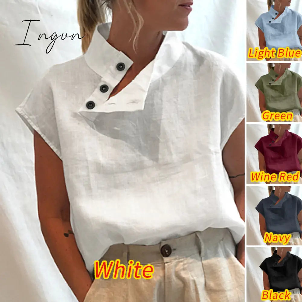 Ingvn - New Stylish Tunic Tops Plus Size Women Short Sleeve Summer Blouses Buttons Solid Cotton