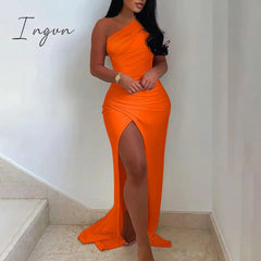 Ingvn - New Summer Elegant Solid One Shoulder High Split Thigh Ruched Maxi Floor Dress White Sexy