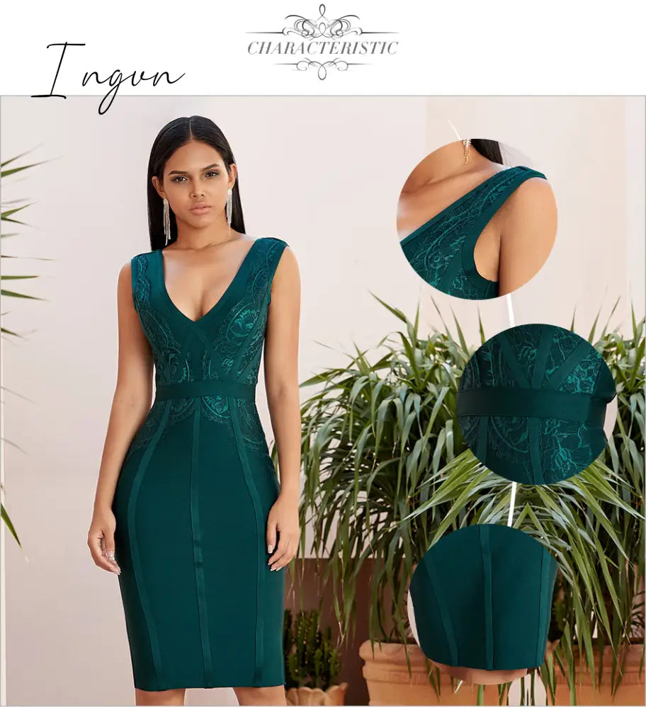 Ingvn - New Summer Tank Bodycon Bandage Dress Women Sexy Sleeveless Lace Green Club Celebrity