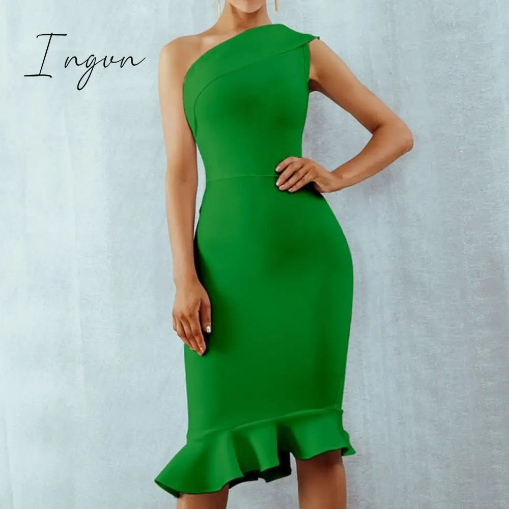 Ingvn - New Summer Women Bandage Dress Sexy One Shoulder Sleeveless Ruffles Nightclub Celebrity