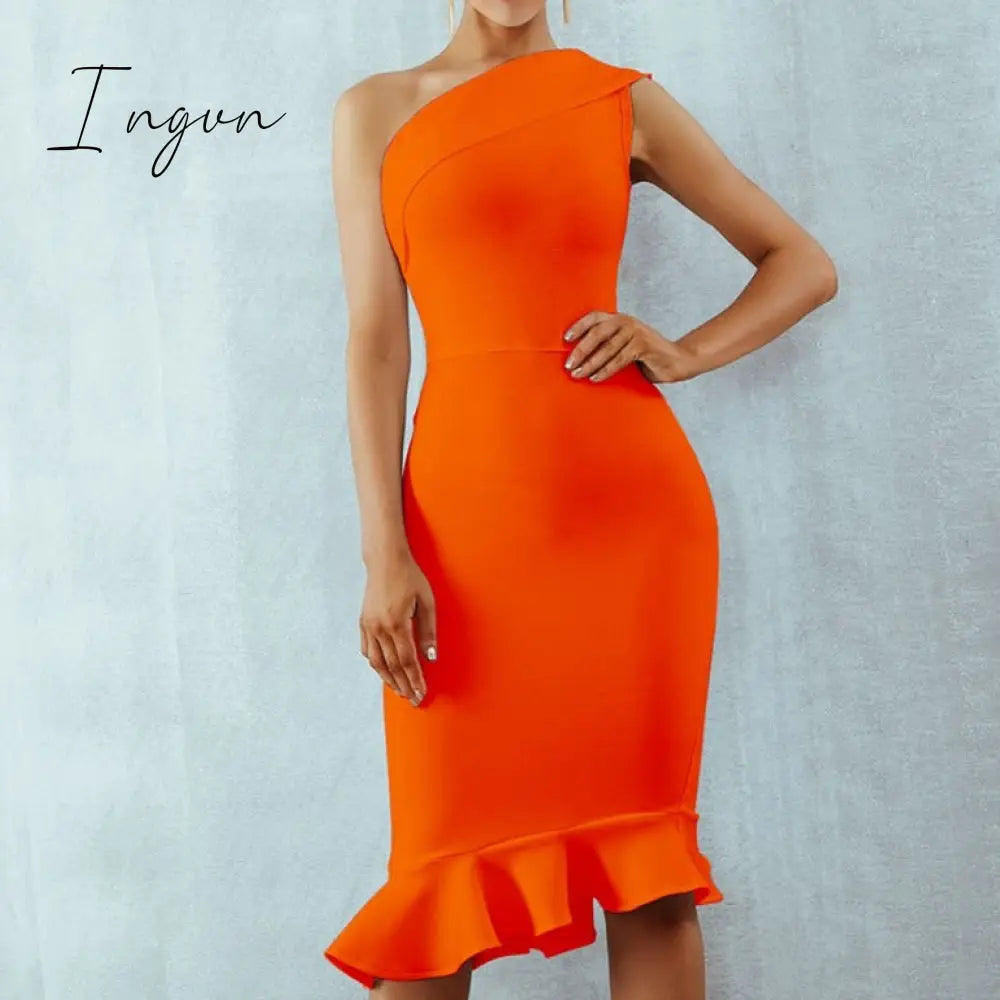 Ingvn - New Summer Women Bandage Dress Sexy One Shoulder Sleeveless Ruffles Nightclub Celebrity