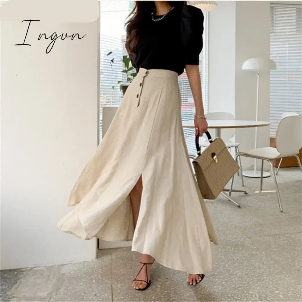 Ingvn - New Vintage Elastic Waist Buttons Irregular Chic Cotton And Linen Split Spring Summer