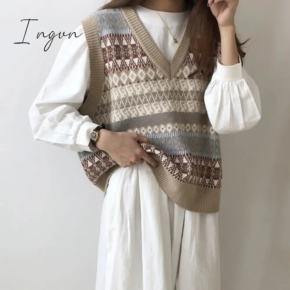 Ingvn - New Vintage V - Neck Knitted Vest Sweater Women Sleeveless Pullover Elasticity Loose Female
