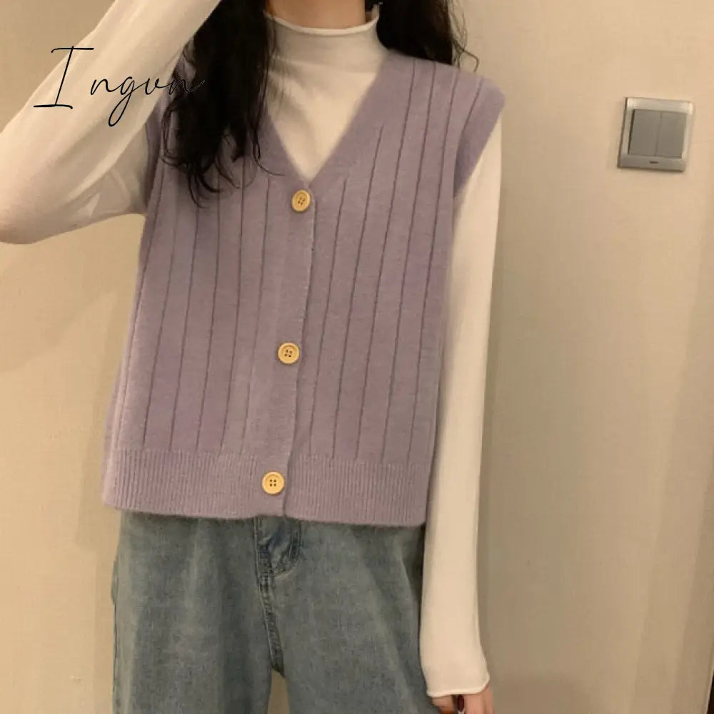 Ingvn - New Vintage V - Neck Knitted Vest Sweater Women Sleeveless Pullover Elasticity Loose Female