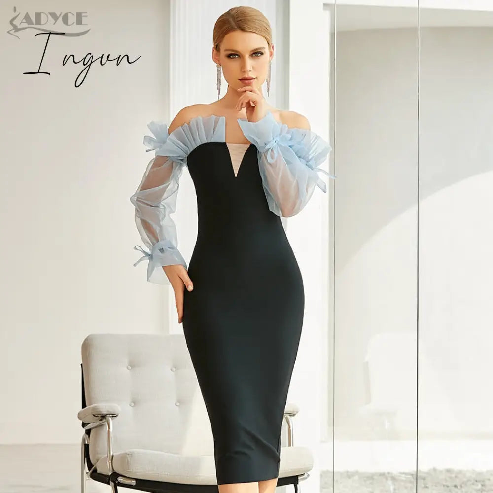 Ingvn - New Winter Women Long Sleeve V Neck Club Dress Sexy Ruffles Off Shoulder Lace Patchwork