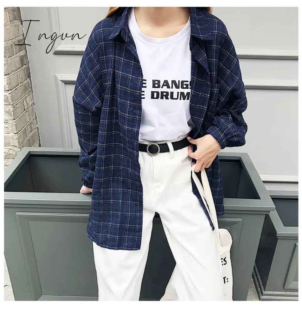 Ingvn - New Woman Vent Vintage Plaid Shirt Single Breasted Turn Down Collar Cotton Long Sleeve