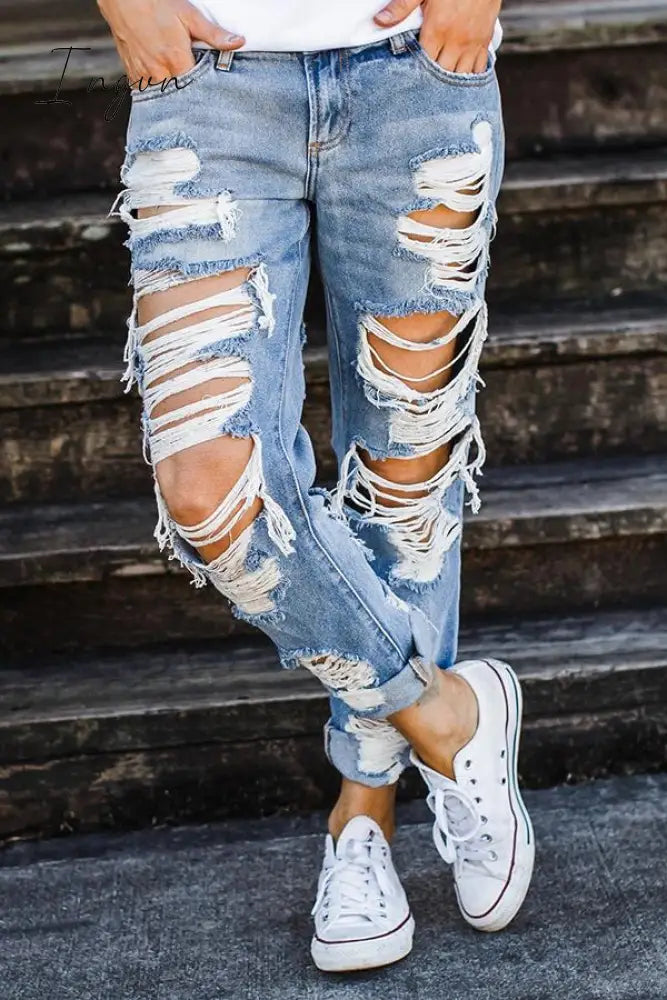 Ingvn - On-Trend Ripped Straight Jeans Blue / S Bottoms