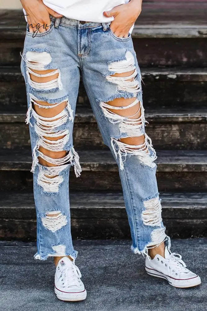 Ingvn - On-Trend Ripped Straight Jeans Bottoms