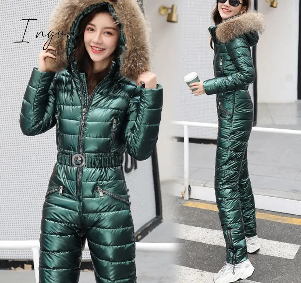 Ingvn - One Piece Ski Suit Women Jackets Winter Hooded Parka Jumpsuit Cotton Bodysuit Sashes