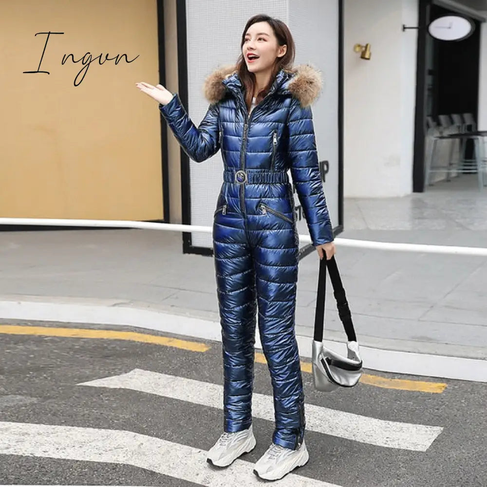 Ingvn - One Piece Ski Suit Women Jackets Winter Hooded Parka Jumpsuit Cotton Bodysuit Sashes