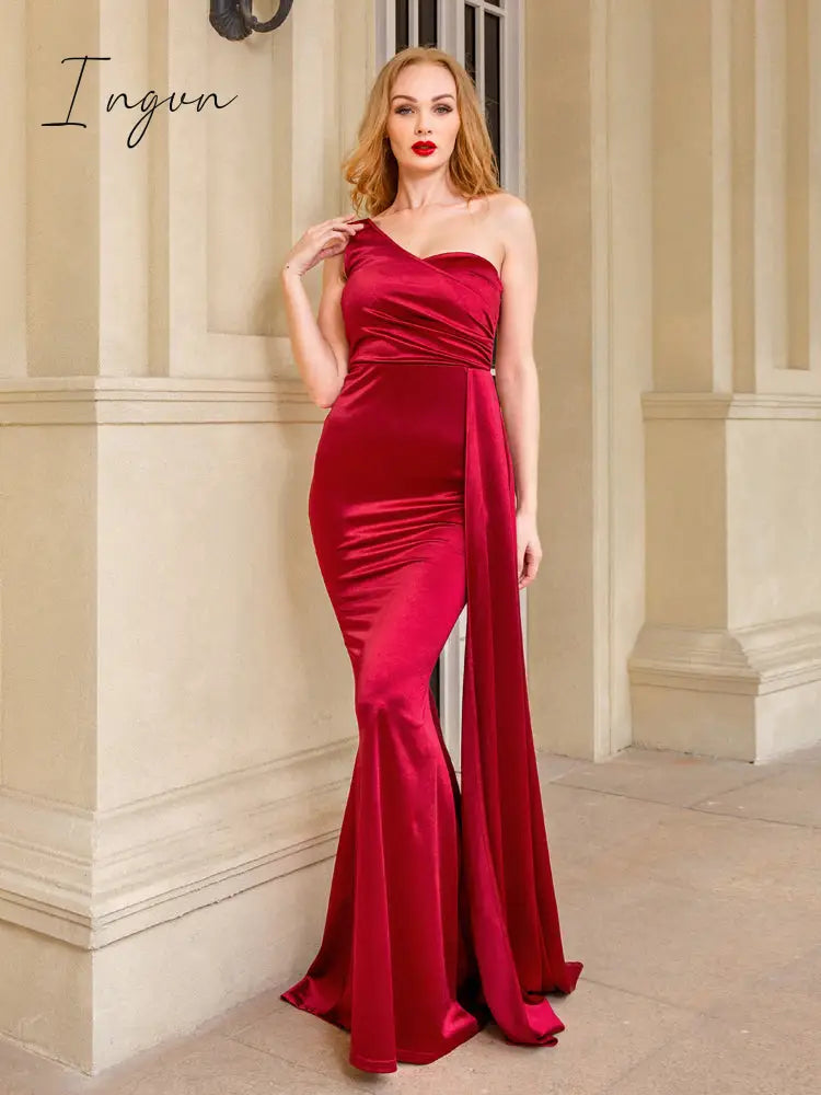 Ingvn - One Shoulder Padded Sexy Satin Maxi Dress Women’s Evening Party Gown With Ribbon Royal