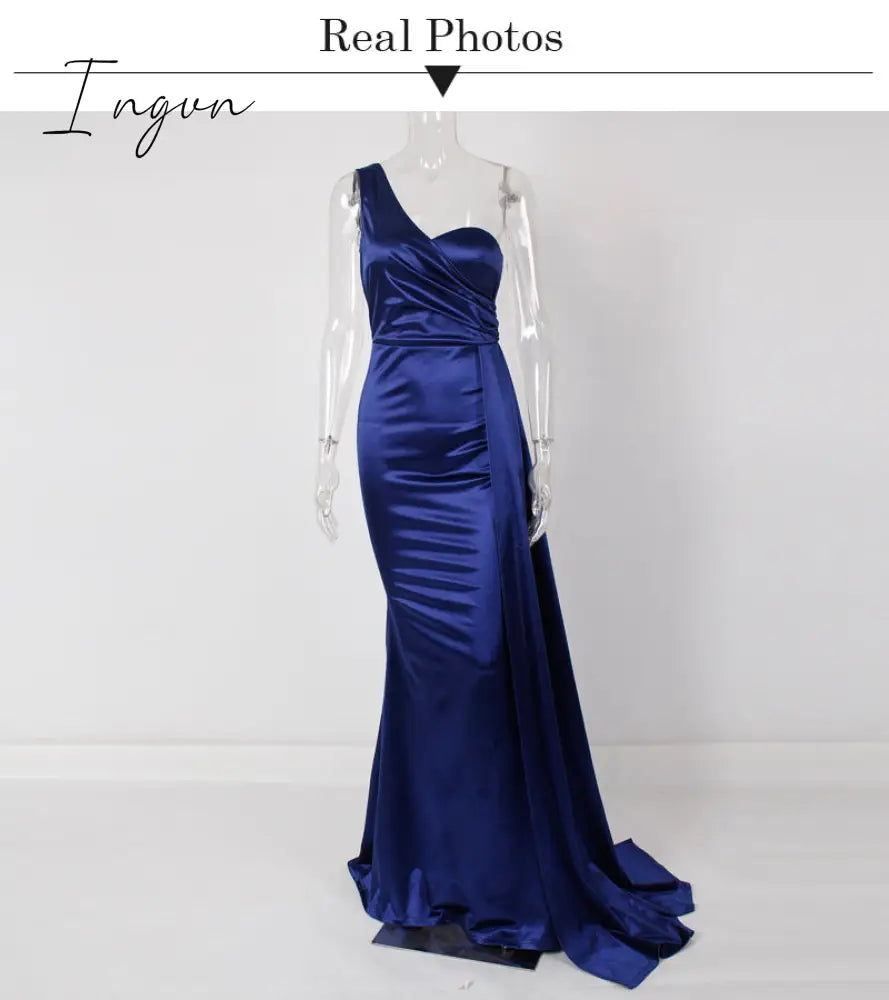 Ingvn - One Shoulder Padded Sexy Satin Maxi Dress Women’s Evening Party Gown With Ribbon Royal