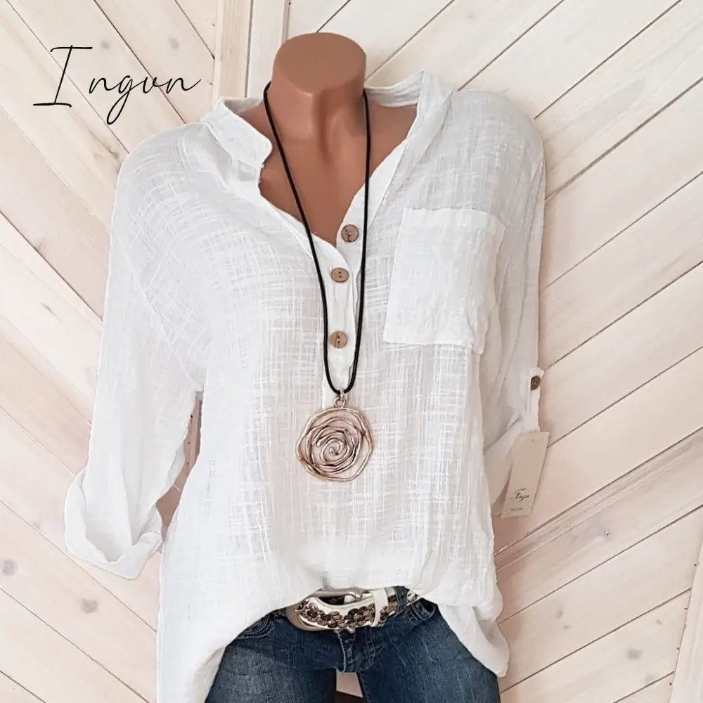 Ingvn - Oversized Women Blouses Cotton Linen Blouse Autumn Shirts Casual Long Sleeve Button V Neck