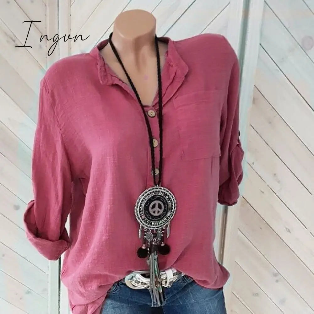 Ingvn - Oversized Women Blouses Cotton Linen Blouse Autumn Shirts Casual Long Sleeve Button V Neck