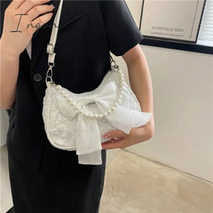 Ingvn - Pearl Female Bag Retro Luxury Designer Handbag Bow Crossbody Bags Fashion Canvas Women’s
