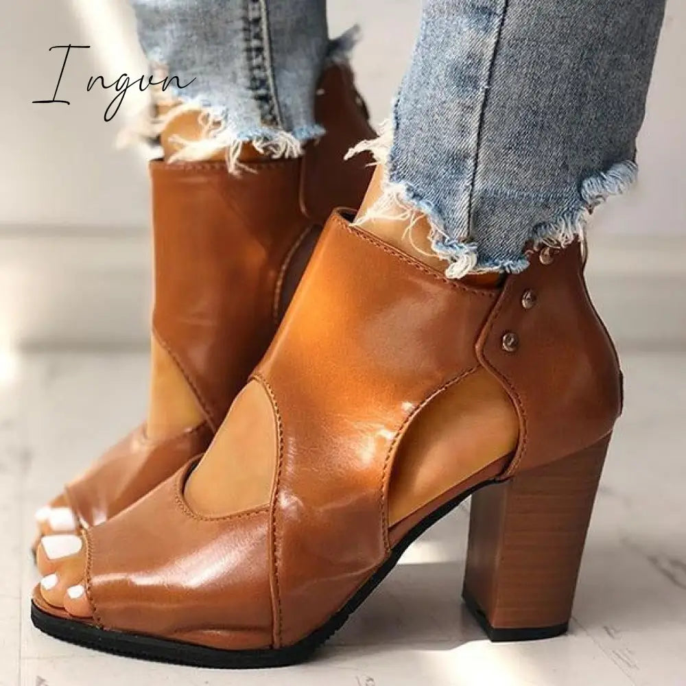 Ingvn - Peep Toe Cutout Rivet Chunky Heel Boots Heels