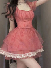 Ingvn - Pink Floral Short Party Dress Sexy Lace Puff Fairy Kawaii Clothing Mini Fashion Birthday
