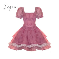 Ingvn - Pink Floral Short Party Dress Sexy Lace Puff Fairy Kawaii Clothing Mini Fashion Birthday