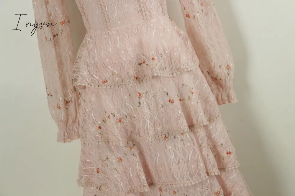Ingvn - Pink Lace Embroidery Maxi Dress Female Spring Winter Full Sleeve High Waist Ruffle Elegant
